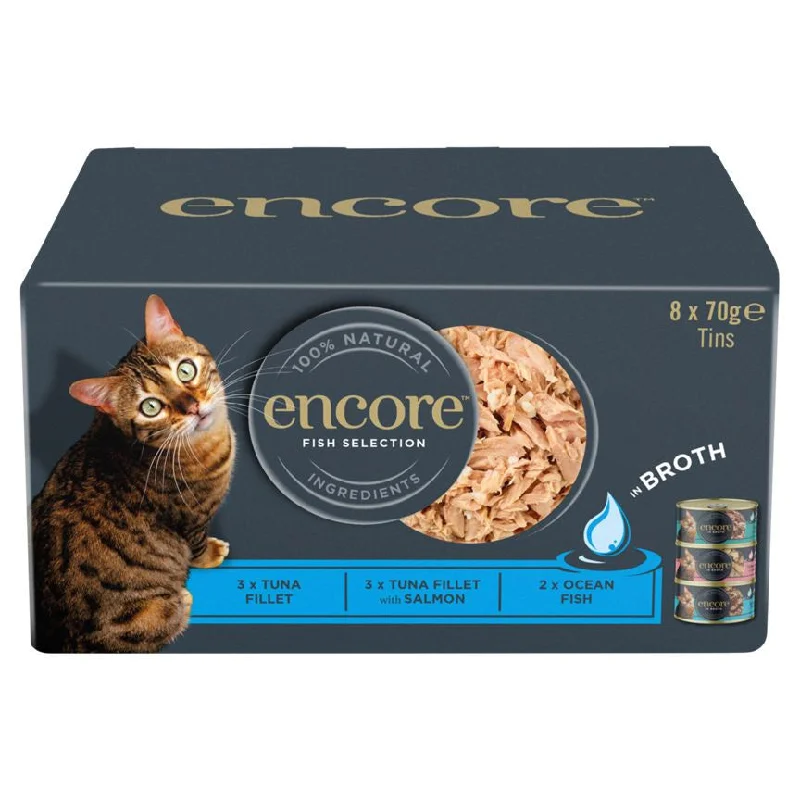    - Cat food for spayed/neutered cats  Encore Natural Wet Cat Food Fish Selection Broth 8x Tins