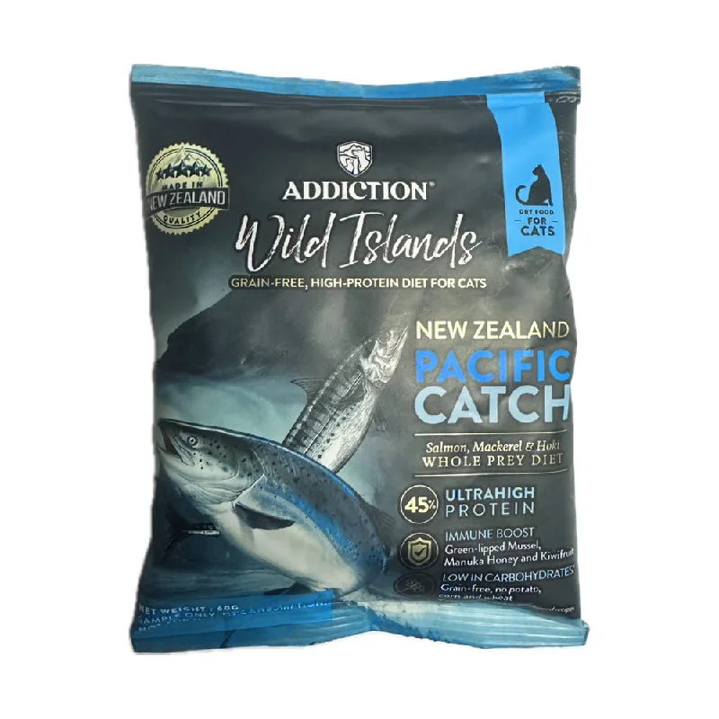 3. **Ingredient-Related**  FREE SAMPLE (1 per order): Addiction Wild Islands Pacific Catch Salmon, Mackerel & Hoki Grain-Free Dry Cat Food 60g