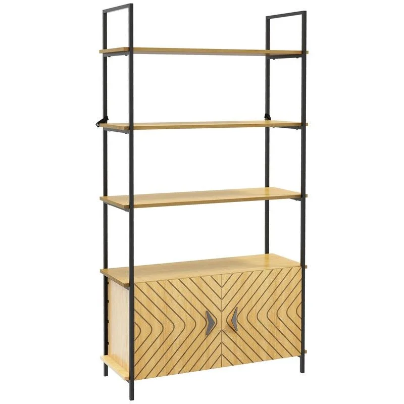 ---Bookcase 4-Tier Storage Shelf With Double Door Cabinet And Metal Frame For Living Room Bedroom Oak Tone